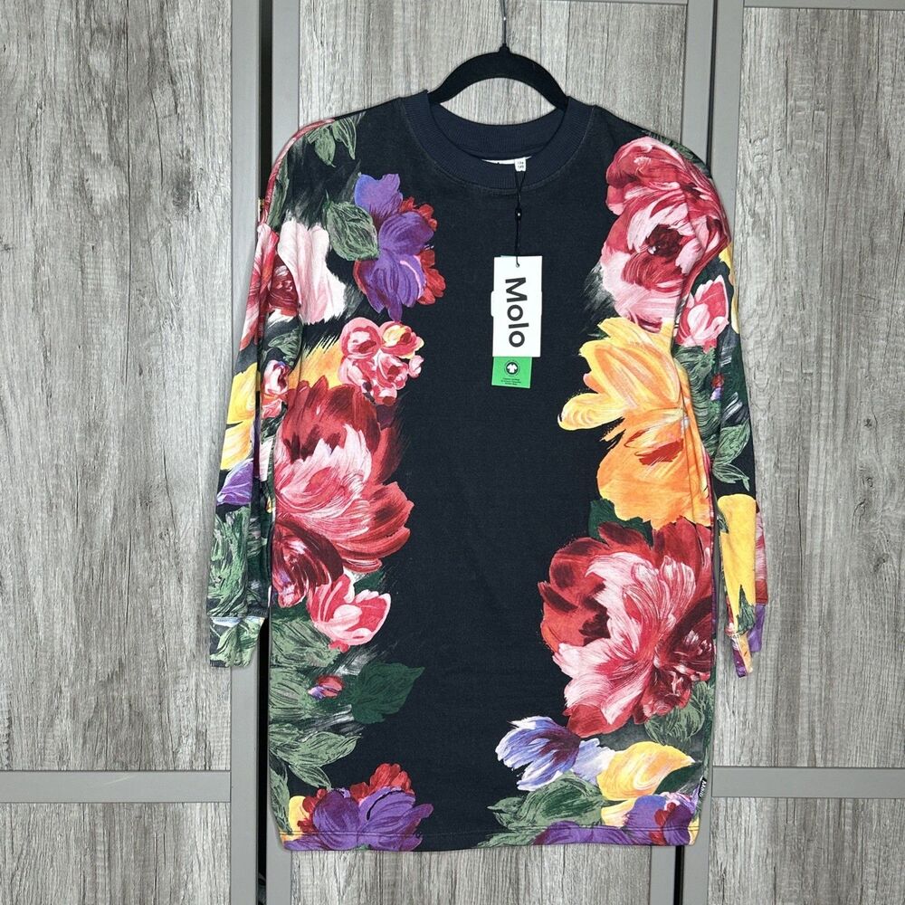 Molo Sweatshirt Dress Girls Size 9 / 10 Cyrella Floral Organic Cotton Fleece NWT